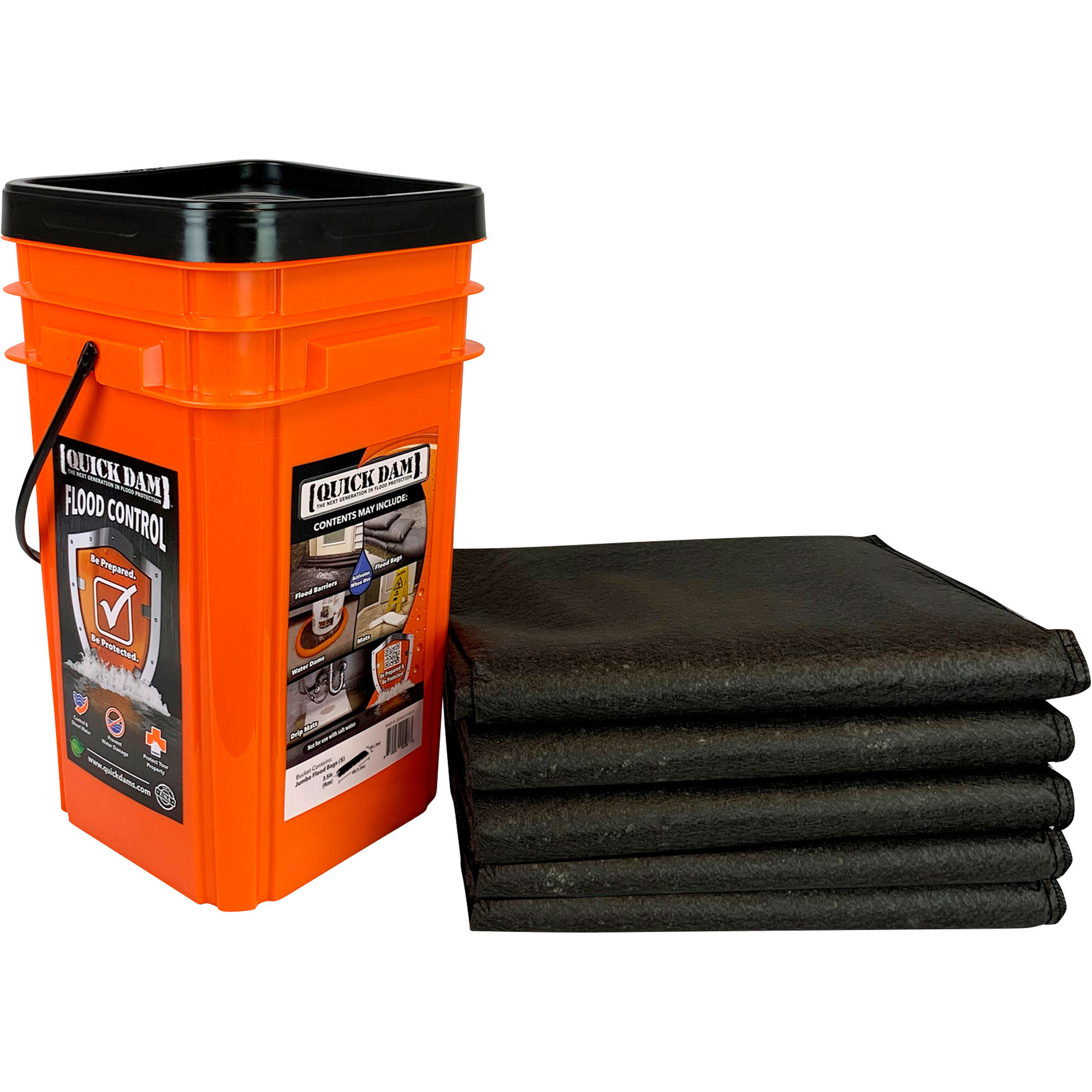 Quick Dam Grab and Go Flood Kit, 5 Jumbo Flood Bags and Bucket, Model# QDGG1248-5